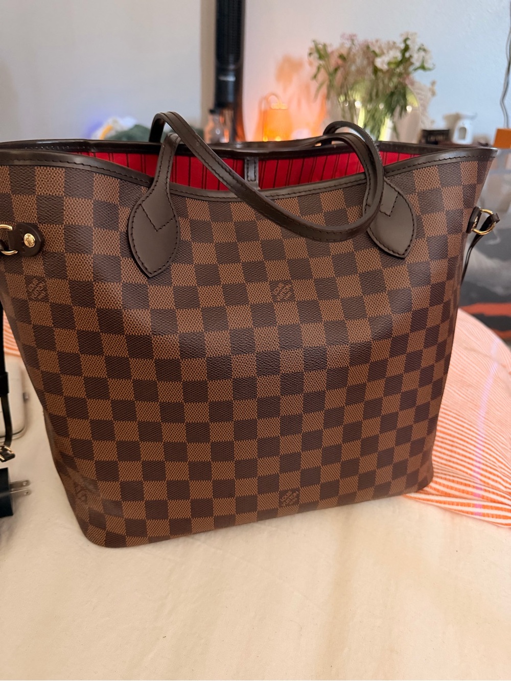 Designer-Style Brown Checker Tote Bag with Red Interior
